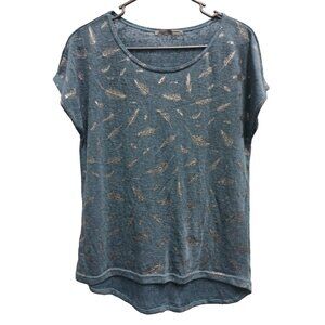 Arianna By Howards Womens BOHO Top S/M Teal Leaf Print Metallic Short Sleeve